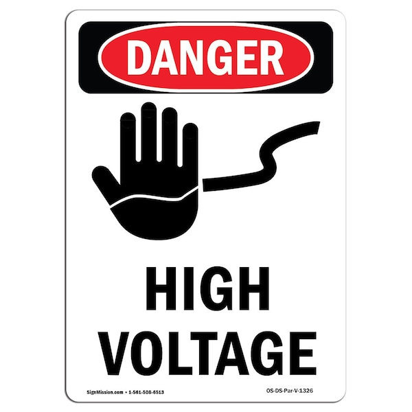 Safety Sign, OSHA Danger, 5" Height, High Voltage, Portrait, 10PK